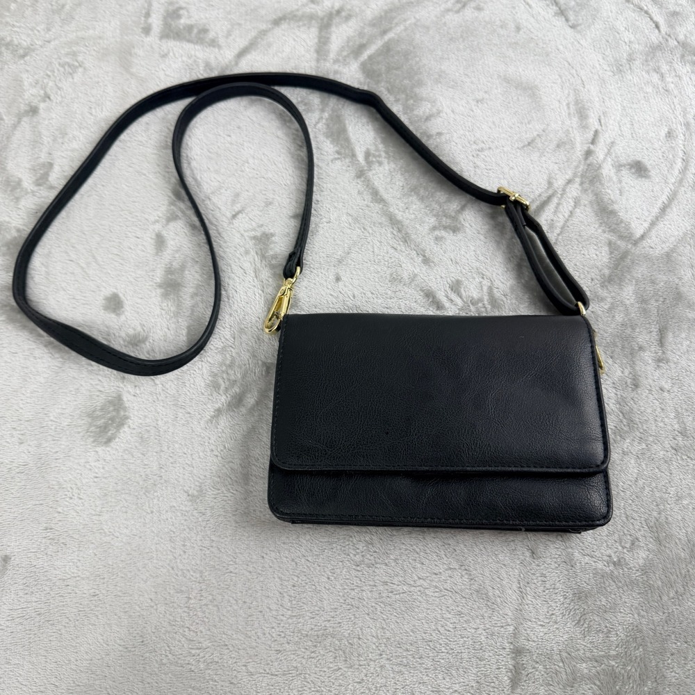 Black Faux Leather Crossbody Wallet Bag‎ Gold Hardware